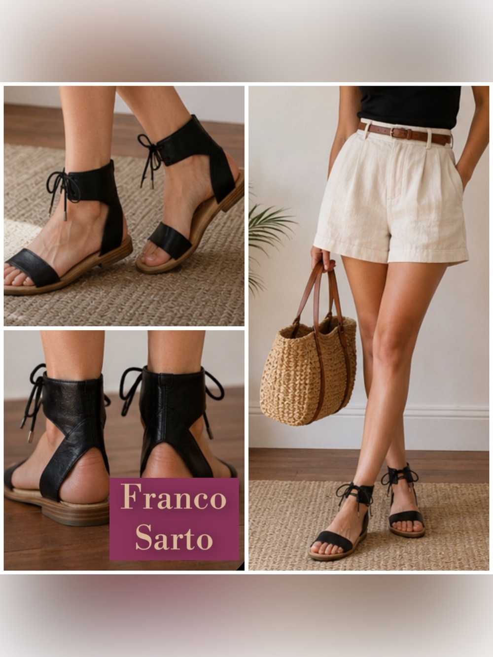 Franco Sarto Resortwear Black Leather Lace-Up Ankle Sandals with Tan Sole